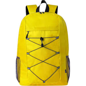 A bright yellow backpack featuring a front pocket, bungee cord detailing, and mesh side pockets. It has a logo.