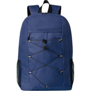 A navy blue backpack featuring a bungee cord design on the front and mesh side pockets. It has a logo on the front.