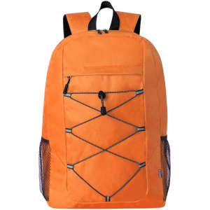 An orange backpack with adjustable straps, featuring a front pocket and side mesh holders, along with a logo.