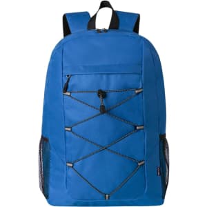A blue backpack with adjustable straps, featuring a front pocket and mesh side pockets. It has a logo on the front.