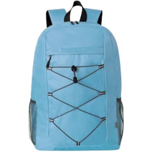 A light blue backpack featuring a front pocket, bungee cord design, and mesh side pockets. It includes a logo.