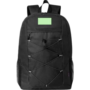 A black backpack featuring mesh side pockets and a front bungee cord design, complete with a logo.
