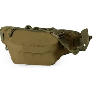 A khaki bum bag with a single zip compartment and an adjustable strap. It features a logo on the side.
