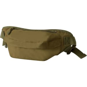 A brown bum bag featuring a zippered compartment and an adjustable strap. It includes a logo.