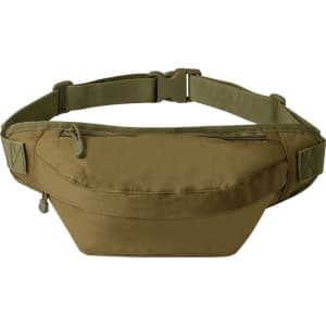 A khaki bum bag with a zippered pocket, featuring an adjustable strap and a logo.