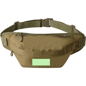 A khaki bum bag with a zippered compartment, adjustable strap, and a small logo.