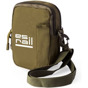 An olive green shoulder bag with a zipper closure, featuring a small front pocket and an adjustable strap.