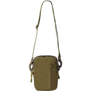 An olive green shoulder bag with a long strap and a front pocket, featuring a logo.