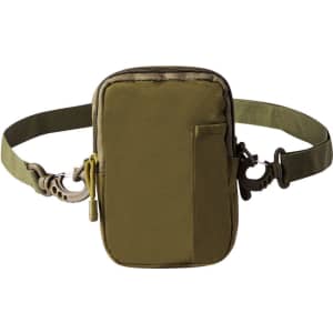 A green shoulder bag with a zip closure, adjustable strap, and a front pocket. It features a logo.