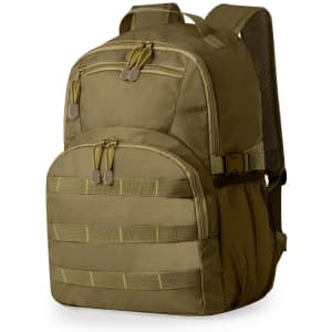 A khaki backpack with multiple compartments, zippers, and a mesh side pocket, featuring a logo on the front.