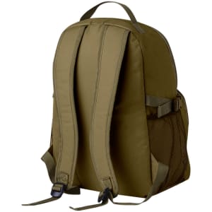 A khaki backpack with padded shoulder straps and mesh side pockets, featuring a branded logo.