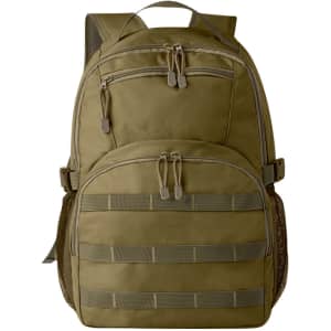A khaki backpack with multiple zippered compartments, side mesh pockets, and a logo on the front.