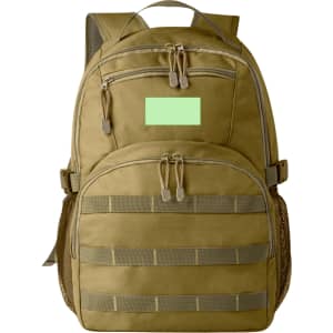 A khaki backpack featuring multiple zippered compartments, side mesh pockets, and a logo.