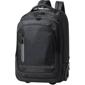 A black wheeled backpack with multiple compartments and a logo. It features dual shoulder straps for easy carrying.