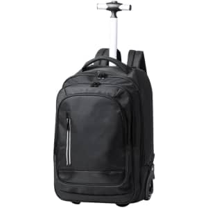 A black wheeled trolley backpack with a retractable handle and wheels, featuring multiple compartments and a logo.