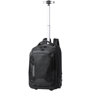 A black wheeled backpack with a retractable handle and multiple compartments, featuring a logo on the front.