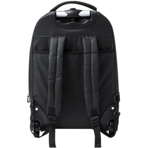 A black wheeled trolley backpack with adjustable straps and a top handle for easy carrying. It features a logo.