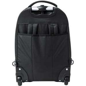 A black wheeled backpack with multiple front pockets and a retractable handle. It features a logo on the front.