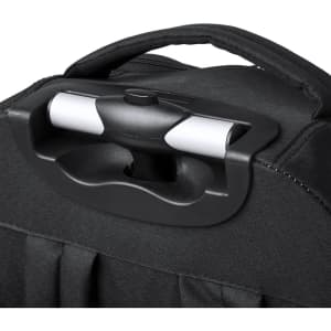 A black trolley backpack featuring a sturdy handle and fabric detailing. Includes visible stitching and a branding logo.