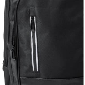 A close-up of a black wheeled backpack featuring a zippered pocket and a sleek design, complete with a logo.
