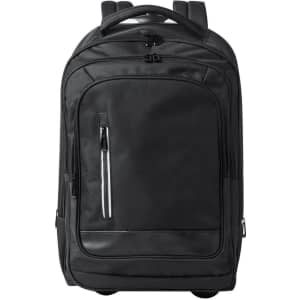 A black wheeled backpack with multiple compartments and a logo, featuring two straps on top for carrying.