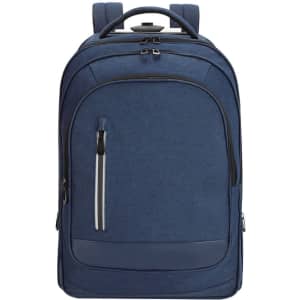 A navy blue wheeled backpack with multiple compartments, zippers, and a sturdy handle. It features a logo.