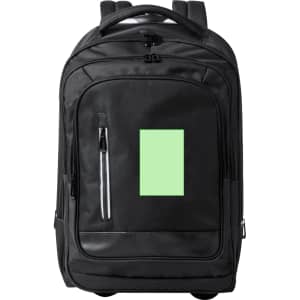 A black wheeled backpack featuring a front zip pocket and a branding area. It includes dual carry handles and wheels.