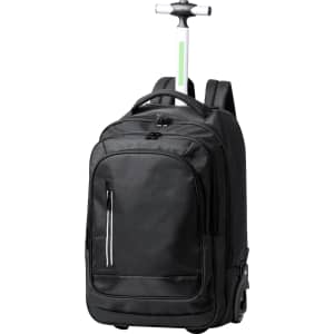 A black wheeled backpack with a retractable handle and two wheels, featuring multiple zippered compartments.