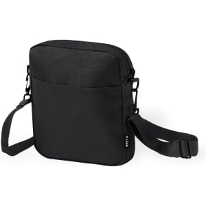 A black shoulder bag with a front pocket and an adjustable strap. It features a logo.