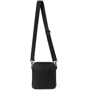 A black shoulder bag with an adjustable strap and a front pocket. It has a logo on the surface.