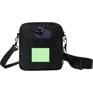 A black shoulder bag featuring an external pocket with a smartphone partially visible. It has an adjustable strap.