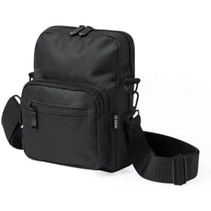 A black shoulder bag featuring multiple zippered compartments and an adjustable strap. Includes a logo.