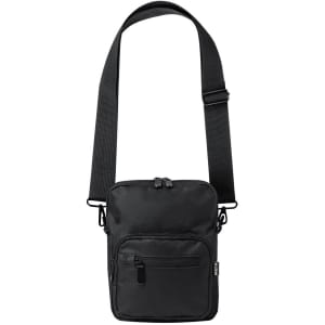 A black shoulder bag with an adjustable strap, featuring two zippered compartments and a front pocket.