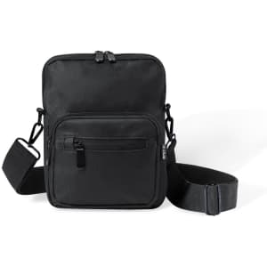 A black shoulder bag with a front zip pocket and an adjustable strap. It features a logo on the surface.