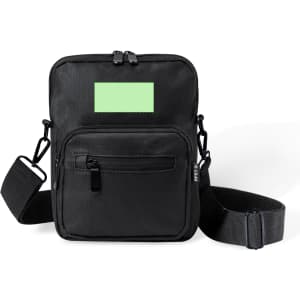 A black shoulder bag featuring a front zip pocket and an adjustable strap. It includes a small logo on the side.