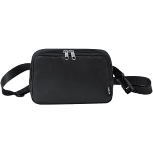 A black shoulder bag waistbag with a zippered closure and adjustable strap, featuring a logo.