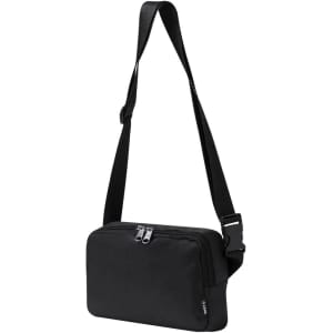 A black shoulder bag with an adjustable strap, featuring a main zipped compartment and a small logo.