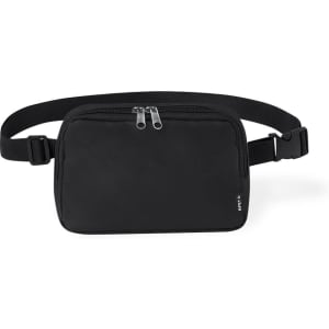 A black shoulder bag waistbag with a zippered compartment and an adjustable strap. It features a logo.