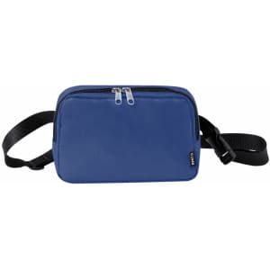 A blue shoulder bag waist bag with a zippered closure and an adjustable strap. It features a logo.