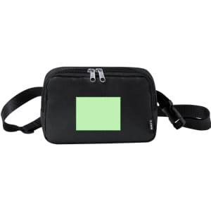 A black shoulder bag waist bag with a green rectangular patch and a zippered compartment. It has an adjustable strap.