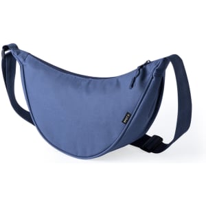 A blue shoulder bag waistbag with a curved design and an adjustable strap, featuring a small logo.