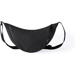 A black shoulder bag waistbag with a curved design and adjustable strap, featuring a small logo.