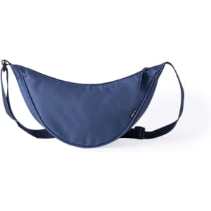 A navy blue shoulder bag waistbag with a simple design and a logo, featuring a zippered closure.