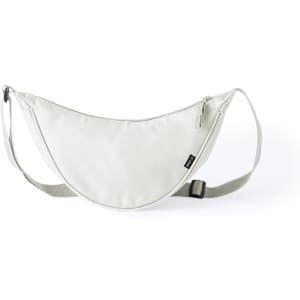 A light grey bum bag with a curved shape, featuring a zipper, adjustable strap, and a logo.