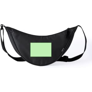 A black shoulder bag waistbag with a green patch and an adjustable strap, featuring a logo.