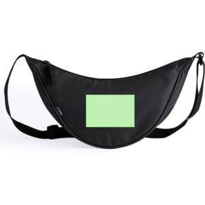 A black shoulder bum bag with a large green patch and an adjustable strap. Features a logo.