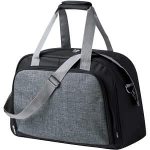 A black and grey duffle bag with two handles and an adjustable shoulder strap, featuring a logo.