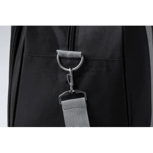 A black bag featuring a silver zip pull and grey strap with a metal clip. It has a front pocket.