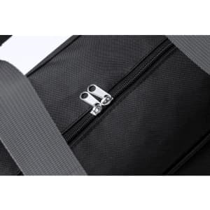 A black bag with a zip closure, featuring silver zip pulls and grey straps. It has a textured fabric.
