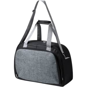 A black and grey bag with a shoulder strap and handles, featuring a logo on the front.
